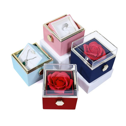 Soap Flower Rotating Jewelry Box Transparent Lid Eternal Rose Rose Gift Box Acrylic With Gift Bag Necklace Storage Case