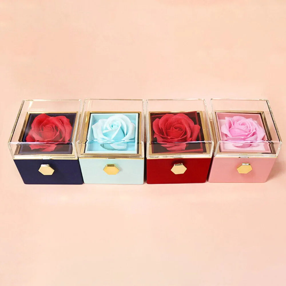Soap Flower Rotating Jewelry Box Transparent Lid Eternal Rose Rose Gift Box Acrylic With Gift Bag Necklace Storage Case